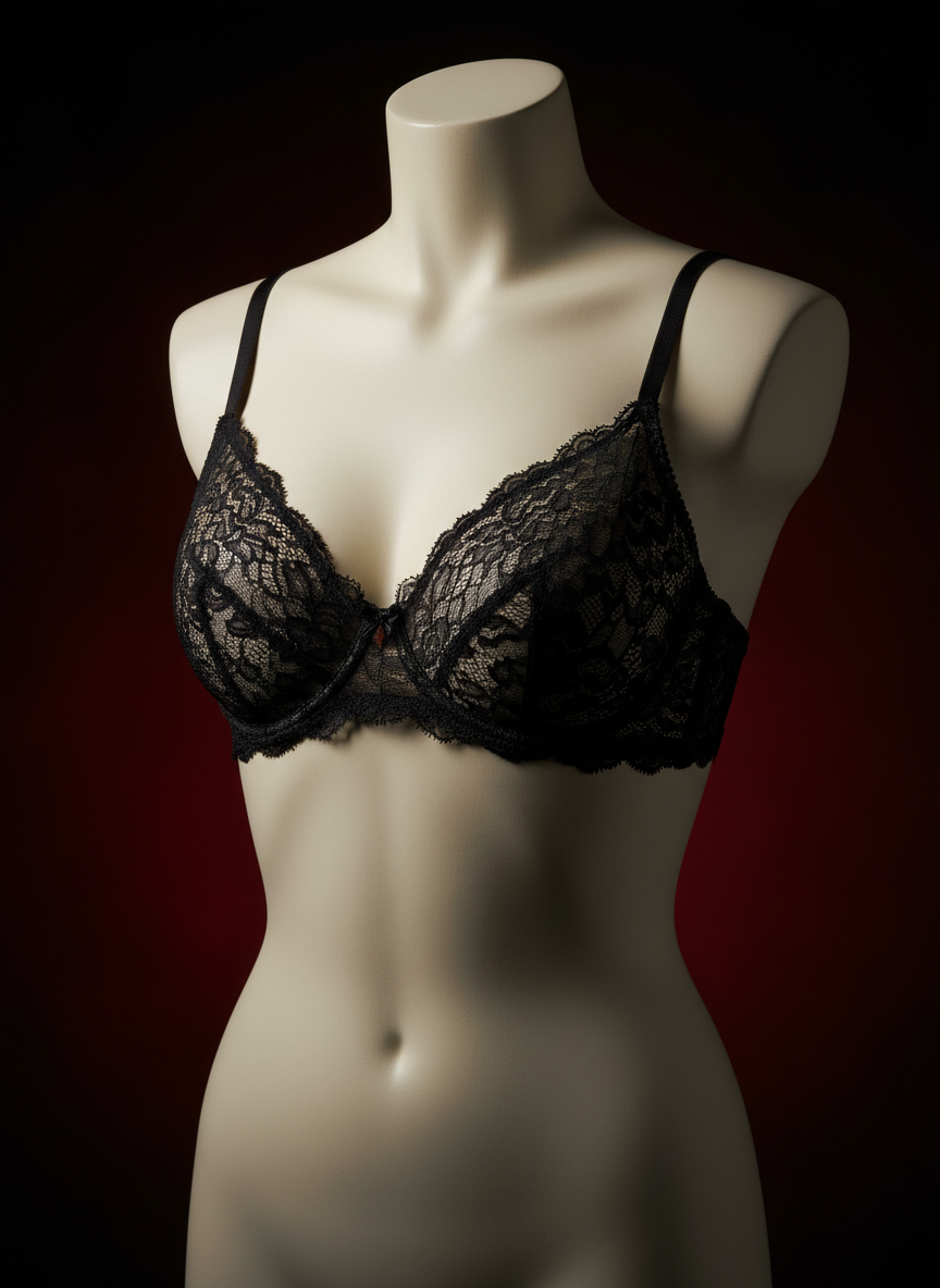 Premium black lace bra on elegant mannequin with soft studio lighting