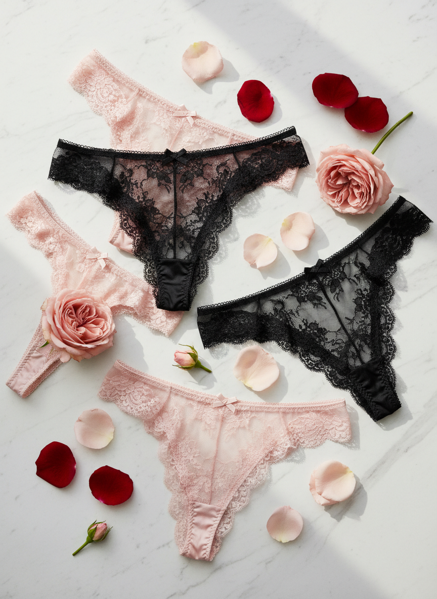 Delicate silk panties collection with lace details on white background