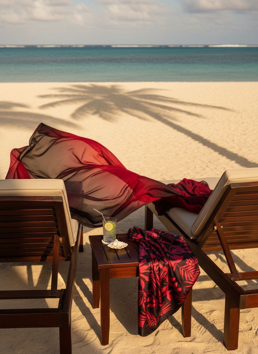 Sheer beach cover-up and pareo in flowing fabric on tropical background