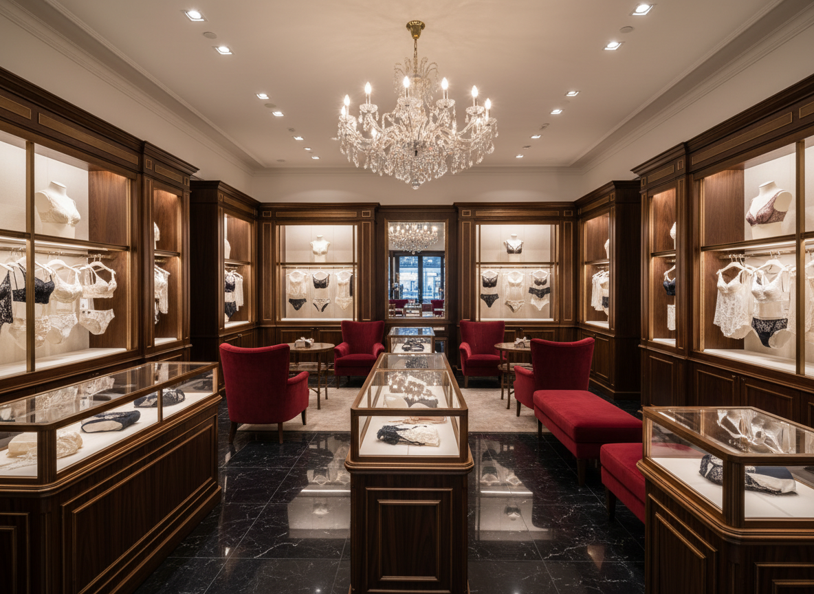 Elegant lingerie boutique interior with premium displays and soft lighting